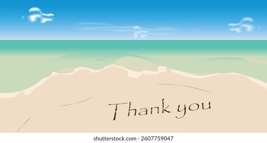 Thank you lettering on the beach with wave and clear blue sea landscape, summer greetings concept, vector illustration design background