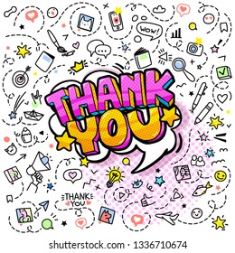 Thank You lettering in pop art style. Doodle background with hand drawn icons. Blog concept. Line art, vector illustration