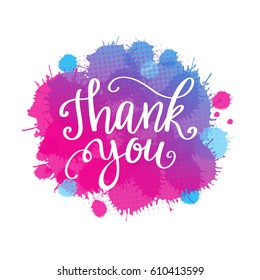 Thank you lettering quote on watercolor imitation background.