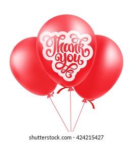Thank you lettering, Realistic Bunch of Birthday Balloons Flying for Party and Celebrations With Space for Message Isolated in White Background