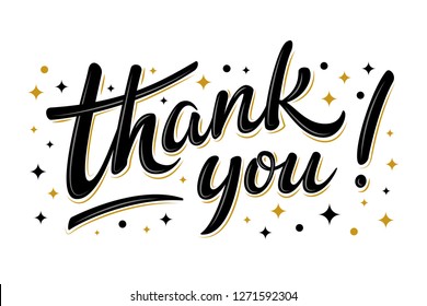 Thank you lettering sign with black/gold stars. Handwritten modern brush lettering on white background. Text for postcard, invitation, T-shirt print design, banner, poster, web, icon. Isolated vector