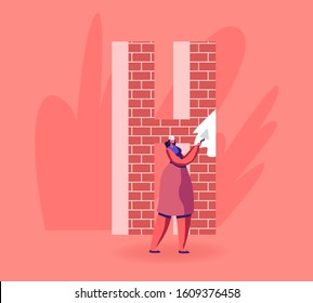 Thank You Lettering Spelling, Gratitude Concept. Cheerful Woman in Worker Helmet Holding Trowel Putty Huge Letter H made of Red Brick. Acknowledgment for Good Work. Cartoon Flat Vector Illustration