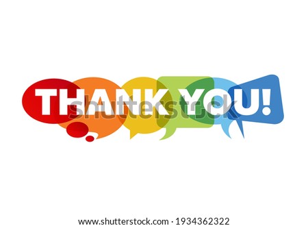Thank you lettering template made from speech bubble. Thanks message for your page, with big letters thank you on colorful background shapes