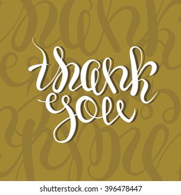 thank you lettering text isolated calligraphic curly style. Inscription for prints, posters, cards, invitations. Hand drawn vector illustration, web design element, white on brown
