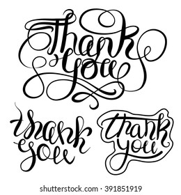 thank you lettering text set isolated curly style. Thanksgiving lettering for prints, posters, cards, invitations. Hand drawn vector illustration, web design element, black and white inscription