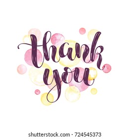 Thank you lettering with watercolor spots on background. Modern typography. Thank you colorful greeting card calligraphy design.