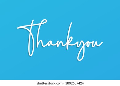 Thank You Lettering White Text Handwriting Calligraphy with Shadow isolated on Blue Background. Flat Vector Illustration Design Template Element for Greeting Cards