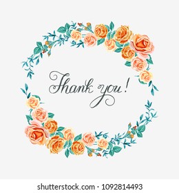 Thank you, lettering.Vector floral background.Wedding card with round frame from yellow and orange roses,flower bouquet isolated on white background. Flowers botanical drawing in watercolor style.