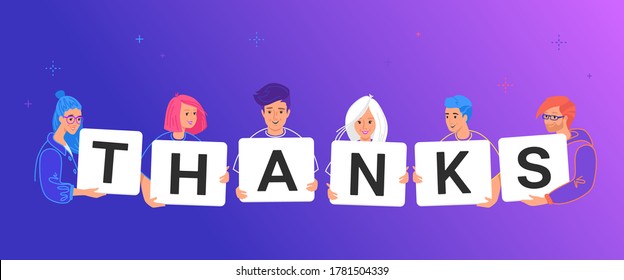 Thank you letters on paper cards. Concept vector illustration of smiling teenage friends holding letters thanks to respect doctors for saving lives and people for a service or invaluable contribution