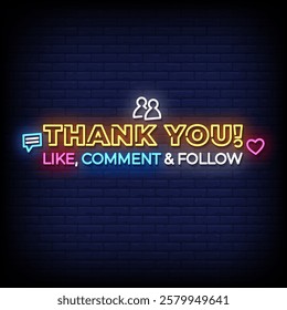 thank you like comment follow neon sign with brick wall background vector