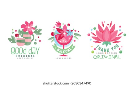 Thank You Logo Original Design Set, Good Day, Welcome Bright Hand Drawn Labels Vector Illustration