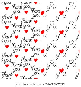 Thank You Love you Hand drawn lettering and Hearts Seamless patterns Greeting Cards and Backgrounds