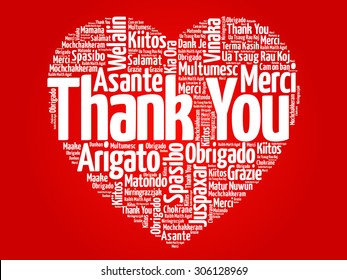 Thank You in many languages love heart, red vector background