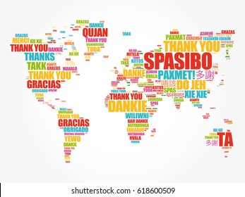 Thank You in many languages World Map in Typography word cloud, multilingual for education or thanksgiving day