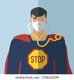 thank you medical staff for healthcare support & love treatment cartoon. uniform super hero man super doctors or nurses in outbreak coronavirus. paramedic art flat design face mask precautions vector