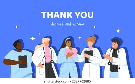 Thank you medical team concept. Men and women in gowns with medical equipment. Doctors and nurses. Poster or banner for website. Pandemic and coronavirus. Cartoon flat vector illustration