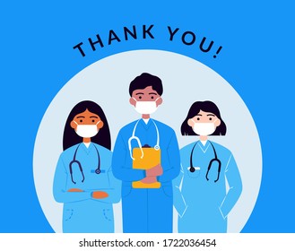 Thank you medical team. Doctor and nurses personnel fighting coronavirus, health design template, stop Covid-19 concept. Vector illustration