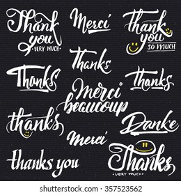 Thank you, merci beaucoup, danke - typographic calligraphic lettering It can be used to design greeting cards, magazines, posters,