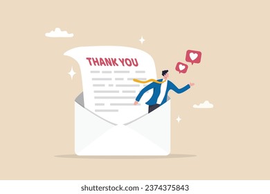 Thank you message, appreciation or greeting to client, customer or employee communication, gratitude letter email, calligraphy concept, businessman saying thank you on thanks message envelope.