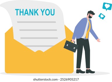 Thank you message, appreciation or greeting to client, customer or employee communication, gratitude letter email, calligraphy concept, businessman saying thank you on thanks message envelope.

