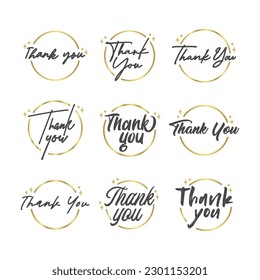 Thank you message. Beautiful greeting calligraphy text. Handwritten modern lettering with golden circle frame.