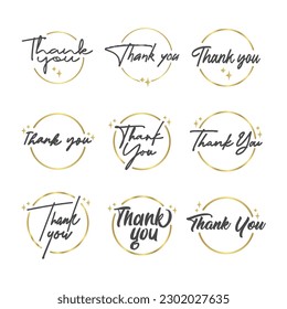 Thank you message. Beautiful greeting calligraphy text. Handwritten modern lettering with golden circle frame.