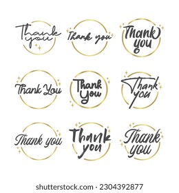 Thank you message. Beautiful greeting calligraphy text. Handwritten modern lettering with golden circle frame.