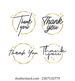 Thank you message. Beautiful greeting calligraphy text. Handwritten modern lettering with golden circle frame.