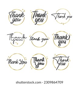 Thank you message. Beautiful greeting calligraphy text. Handwritten modern lettering with golden circle frame.