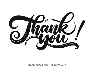 'Thank You!' message with elegant script and swirling accents. Isolated on a white backdrop, features clean calligraphy with bold lines, ensuring clarity and visual impact.