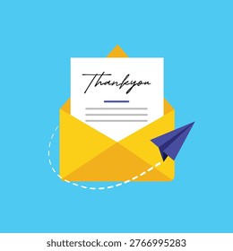 Thank You Message in Envelope with Paper Plane, Email Sending Concept. vector illustration