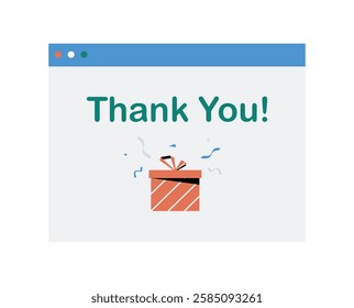 Thank You Message With Gift Icon on Web Page in Flat Vector Illustration Symbolizing Customer Appreciation, Gratitude, and Online Shopping Rewards, Isolated on White Background