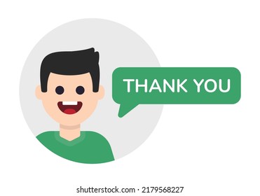 Thank you message with happy man character in flat design illustration. Man saying thanks vector icon avatar.