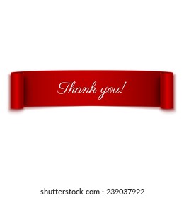 Thank you message on red ribbon banner isolated on white