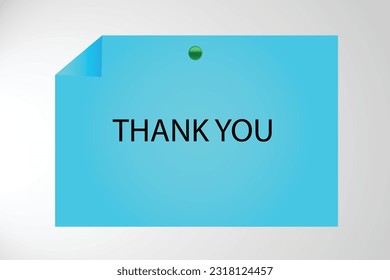 thank you message Written on a blue sticky note attached with a pushpin on a white background.