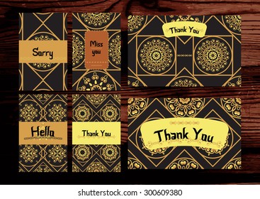 Thank you, miss you, sorry cards set. Isolated on the wood background. Vector illustration.