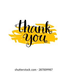 Thank you -  modern calligraphy phrase handwritten on splatter yellow background. Vector card design