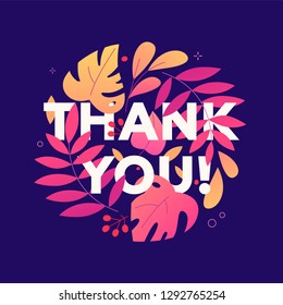 Thank you - modern flat design style illustration with a floral composition and words on blue background. Flowers, leaves, herbal elements in round shape. Perfect way to thank your subscribers