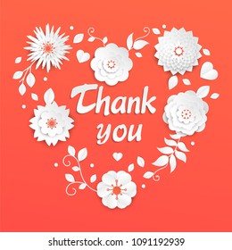 Thank you - modern vector colorful illustration on red background. High quality composition with lovely white paper cut flowers in a heart shape. Perfect as a gratitude card, banner, flyer
