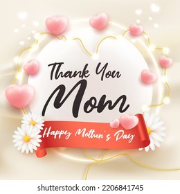 thank you mom happy mother's day greeting card white flower template heart shape 3d render style on luxury curtain wavy background