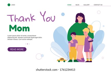 Thank You Mom header and group of hugging mother with children characters in web banner design for Mothers day holiday, flat cartoon vector illustration.