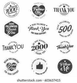 Thank you monochrome badges set for followers network . Follow me black stickers. Isolated. Vector.