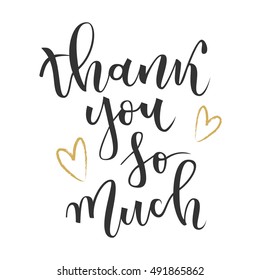 Thank you so much hand lettering greeting with gold hearts on white background