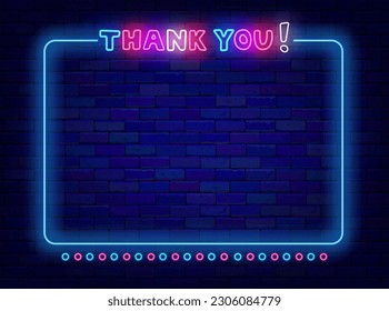 Thank you neon announcement. Blue vintage border. Highly appreciateposter. Gratitude shiny advertising. Vintage frame on brick wall. Glowing banner. Copy space. Bright flyer. Vector stock illustration