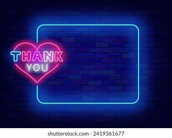 Thank you neon greeting card. Colorful typography with heart frame. Thanksgiving day poster. Empty turquoise frame and text. Glowing flyer. Copy space. Editable stroke. Vector stock illustration