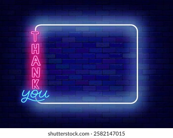 Thank you neon greeting card. Thanksgiving day. Empty white frame and lettering. Vector stock illustration