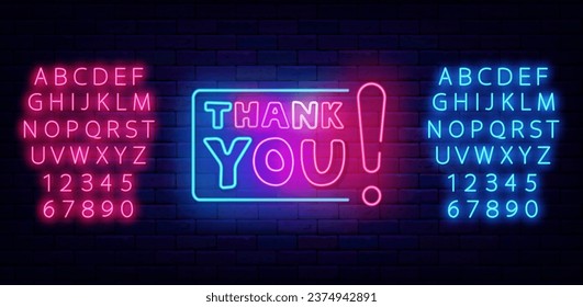 Thank you neon label. Light emblem on brick wall. Exclamation mark with frame. Shiny pink and blue alphabet. Greeting card with gratitude. Glowing banner. Editing text. Vector stock illustration