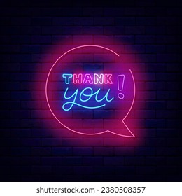 Thank you neon label. Speech bubbles circle frame. Greeting card with gratitude. Glowing banner with lettering and colorful text. Editing text. Vector stock illustration