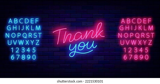 Thank you neon lettering on brick wall. Greeting card with gratitude. Shiny blue and pink alhabet. Glowing effect banner. Editable stroke. Vector illustration