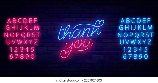 Thank you neon lettering phrase. Greeting card with gratitude. Heart shapes. Shiny blue and pink alhabet. Glowing effect banner. Editable stroke. Vector illustration